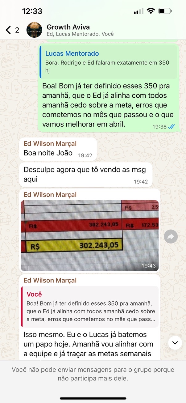 Mensagem com planilha de R$ 302.243,05 no mês