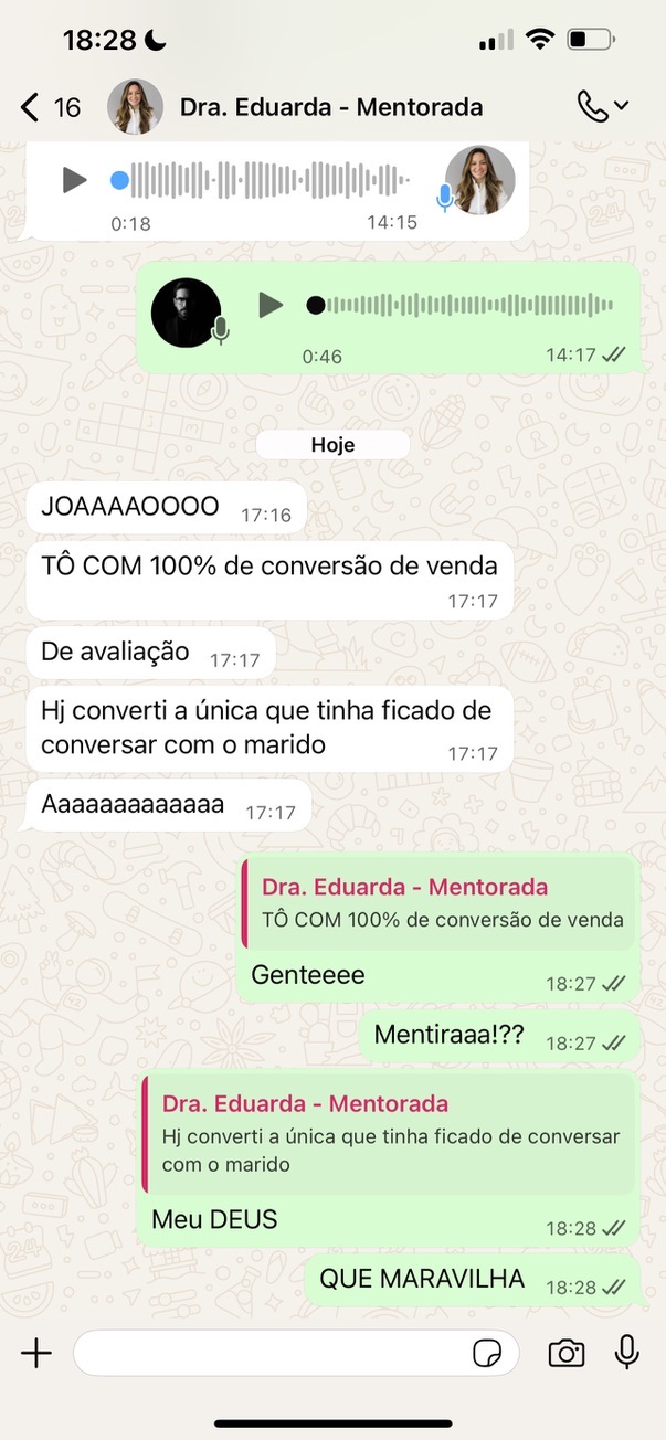 Mensagem de mentorada: 100% de conversão nas avaliações
